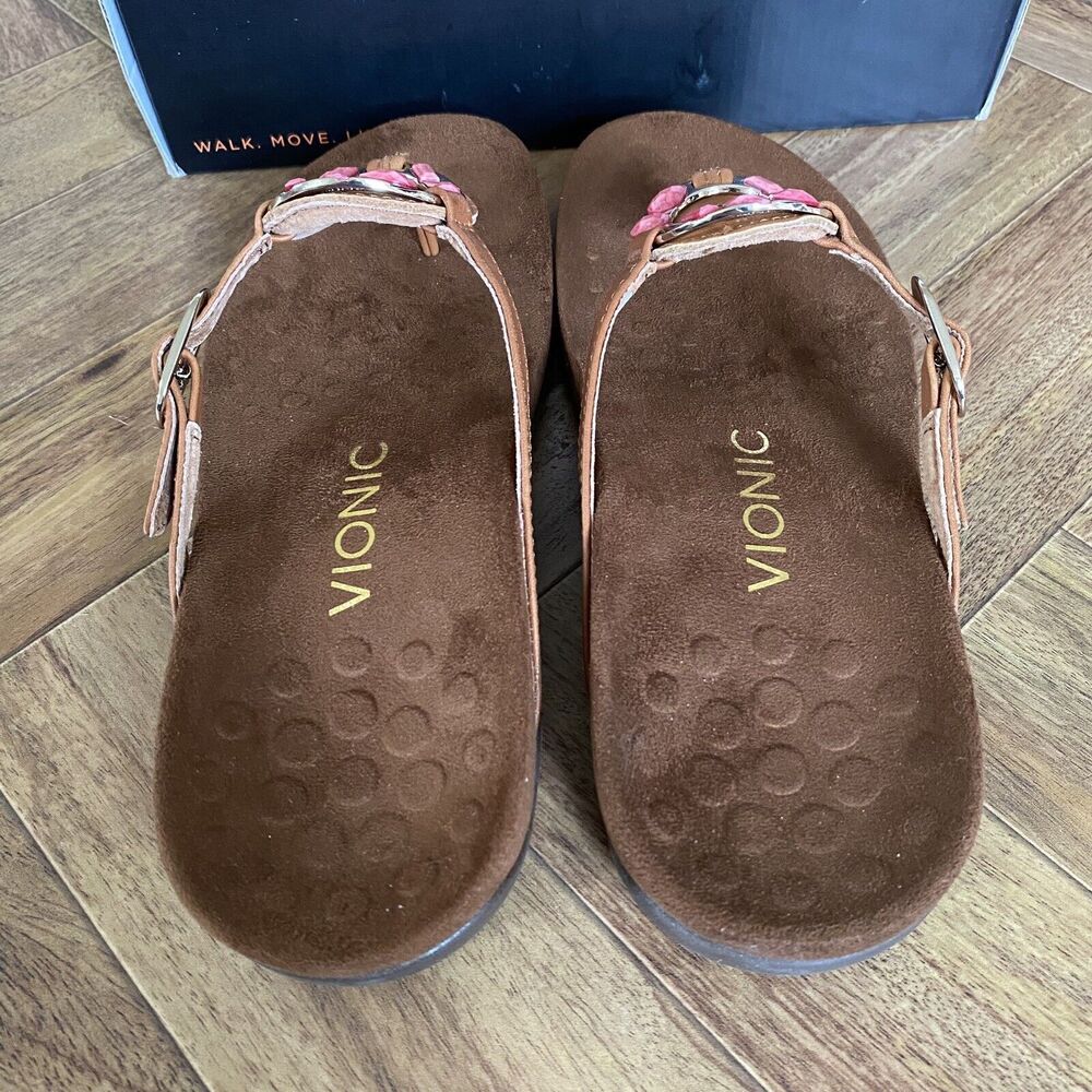 Vionic Flip Flops Women 6 Brown Pink Rest Ricci‎ Thong Sandals Leather Beaded - Picture 4 of 13